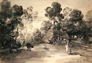 Wooded landscape with figures cottage and cow