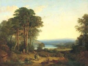 An extensive wooded landscape, with figures in the foreground and a lake beyond