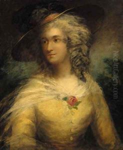 Portrait of a lady, bust-length, in a yellow dress and straw hat by Thomas Gainsborough