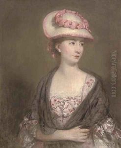Portrait of a lady, half-length, in a pink dress and hat by Thomas Gainsborough