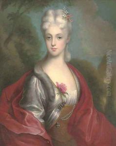 Portrait of a lady, half-length, in a red wrap, a landscape beyond