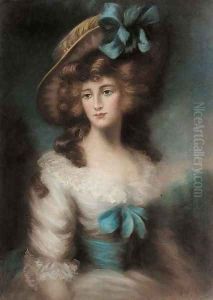 Portrait of a lady, half-length, wearing a blue ribbon in her bonnet by Thomas Gainsborough
