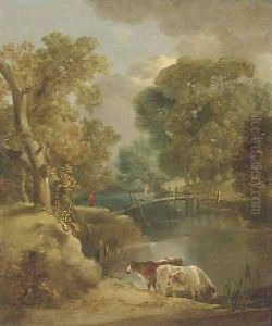 Cattle watering in a wooded landscape by Thomas Gainsborough