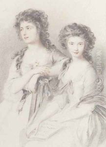 Double portrait of Elizabeth Ann Linley and her sister, Mary, three-quarter-length, in white dresses by Thomas Gainsborough
