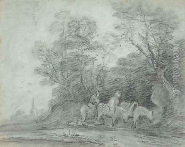 Two travellers on horseback, on a wooded track with a church beyond - view 1