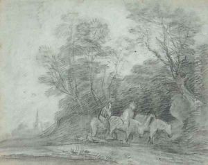 Two travellers on horseback, on a wooded track with a church beyond by Thomas Gainsborough