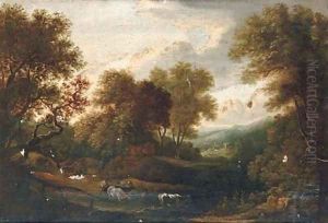 A herder watering his cattle, a hamlet beyond