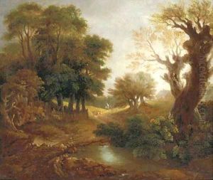 A wooded landscape with figures, a cottage and pool by Thomas Gainsborough