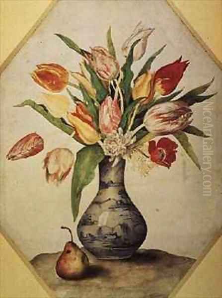 Blue China Vase of Tulips - view 1