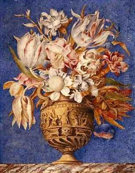 Flowers in a vase which stands on a marble ledge - view 1