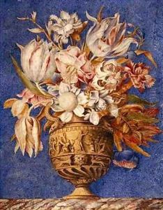 Flowers in a vase which stands on a marble ledge by Giovanna Garzoni