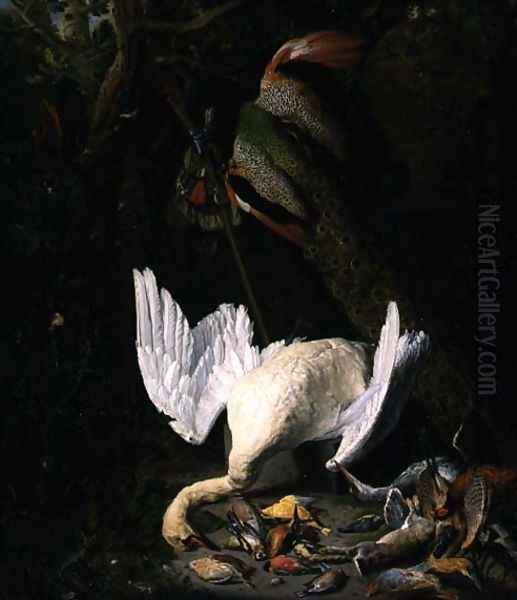 A Hung White Swan Peacock and Other Dead Game in a Landscape - view 1