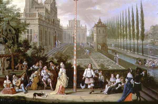Detail of elegant figures playing musical instruments around a maypole - view 1