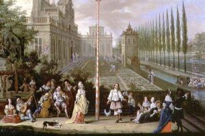 Detail of elegant figures playing musical instruments around a maypole by Pieter Gysels