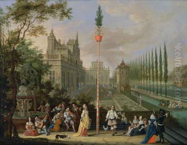 Elegant figures playing musical instruments around a maypole - view 1