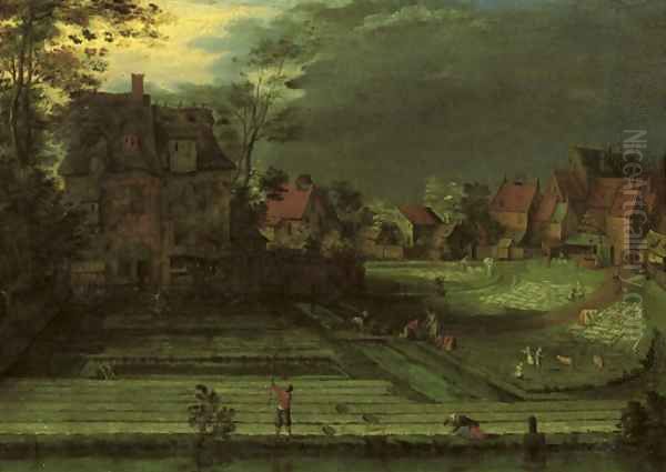 A town with figures working in bleaching fields in the foreground - view 1