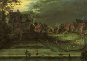 A town with figures working in bleaching fields in the foreground by Pieter Gysels