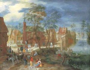 A village scene with peasants strolling by a river bank