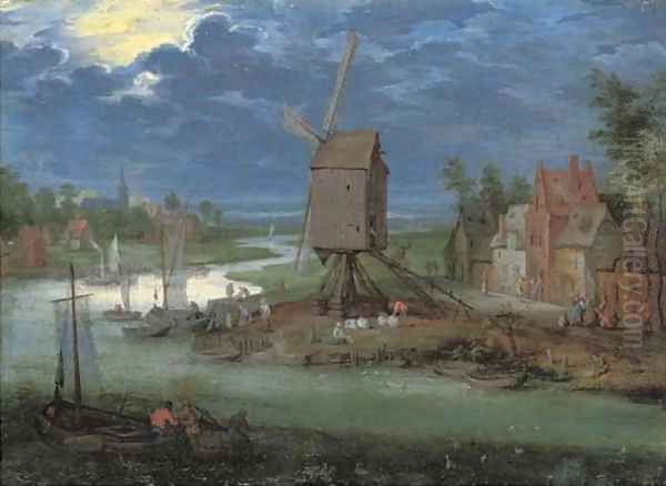 A river landscape with peasants by a landing-stage and a windmill - view 1