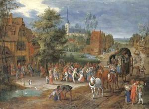 A village kermesse with a horse-drawn cart in the foreground by Pieter Gysels