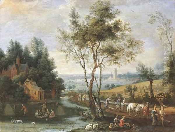 Summer a pastoral landscape with peasants at harvest and returning from market, a city in the distance - view 1