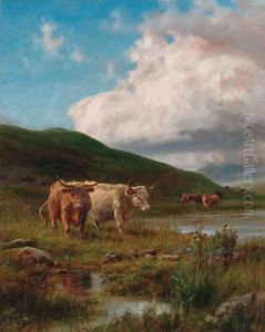 Cattle watering in a highland landscape by Robert Gallon