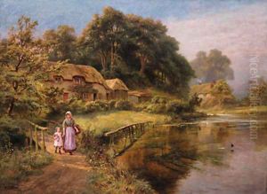 A woman and child crossing a bridge by a lake by Robert Gallon