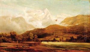 Figures loading a boat in a mountainous river landscape