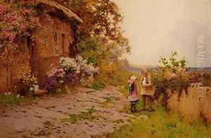 Two Children with a Rabbit Outside a Cottage by the Sea by J.A. Lynas Gray