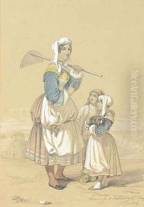A peasant girl carrying a hoe accompanied by two children, the sea beyond