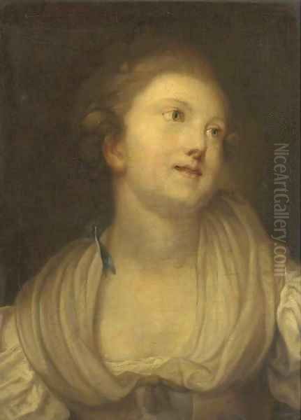 Portrait of a young lady, bust-length, in a beige decollete dress with a blue ribbon - view 1