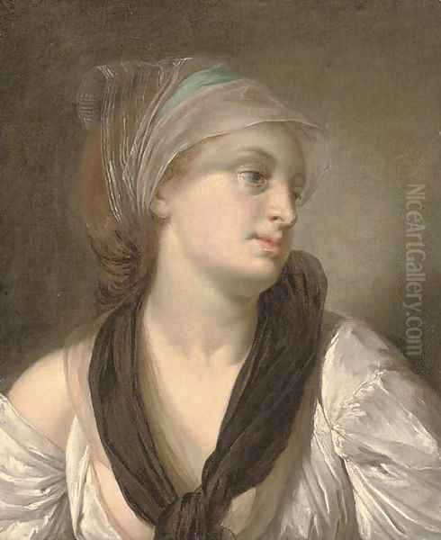 Portrait of a lady, bust-length, in a white dress and black shawl, a blue and white scarf in her hair - view 1