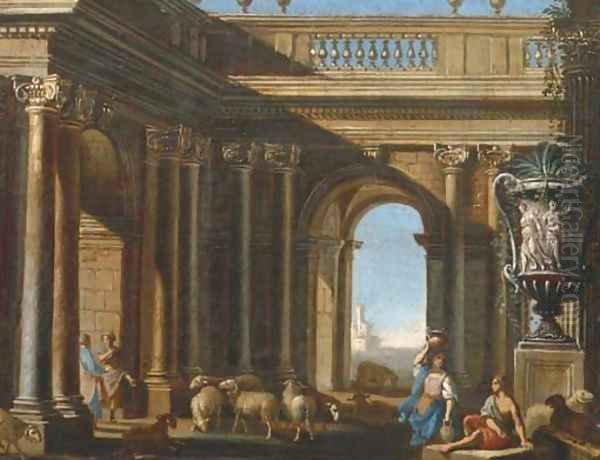 An architectural capriccio with figures conversing by a classical Roman vase - view 1