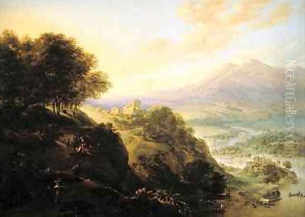 Mountainous river landscape with peasants resting by a path - view 1