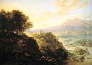Mountainous river landscape with peasants resting by a path Mountainous river landscape with peasants resting by a path