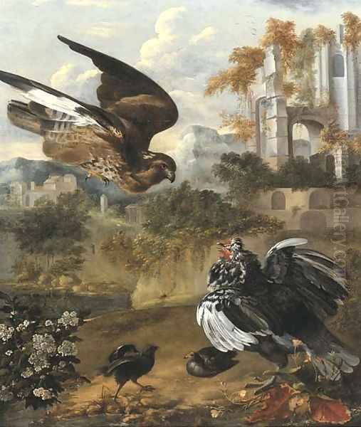 A hen protecting her chickens from a hawk, by a ruin - view 1