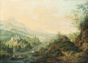 An extensive Rhenish landscape with castles along a river and peasants boating by Jan Griffier