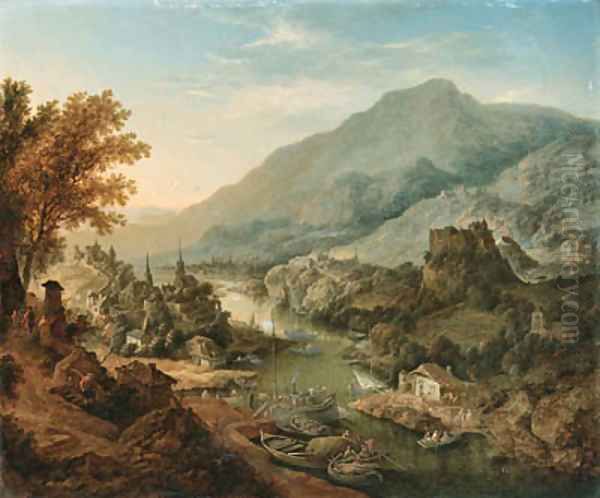 A Rhenish landscape with peasants and boats in the foreground, a town beyond - view 1