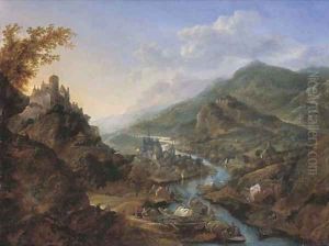 A Rhenish landscape with travellers and figures on moored boats near a castle on a hill, a town beyond