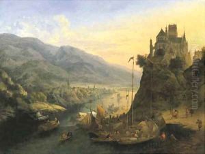 A Rhenish river landscape with a city below and a monastery on a hill by Jan Griffier
