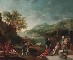 Oriental merchants and galley slaves in a river landscape Oriental merchants and galley slaves in a river landscape