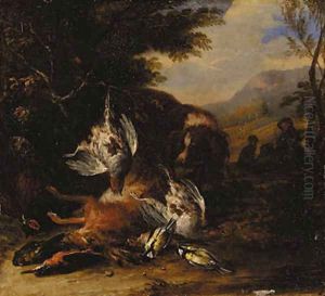 A dead hare, a brace of partridge, a kingfisher, a chaffinch, a thrush and a cock pheasant with a spaniel, a hunter with another dog beyond, in a wood by Adriaen de Gryef