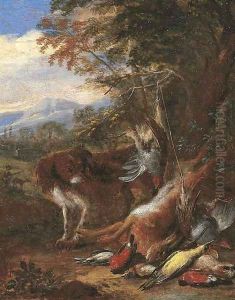 A hunting still life with a spaniel watching a bag of hare and songbirds, a landscape with a hunter and his dog beyond by Adriaen de Gryef