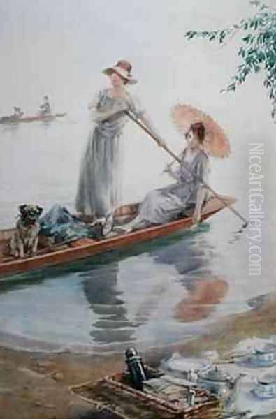 Two girls with their pet pug paddling back to their picnic - view 1