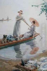Two girls with their pet pug paddling back to their picnic by Charles MacIvor or MacIver Grierson
