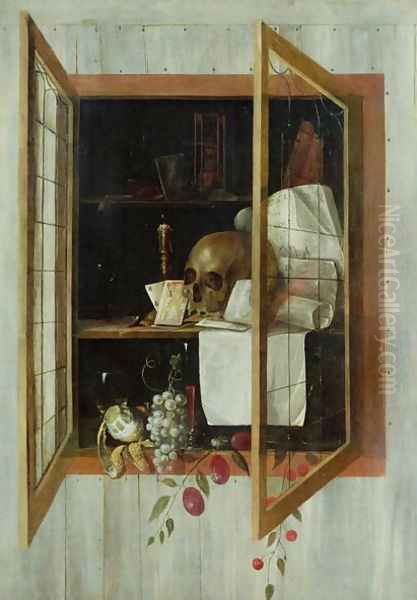 Vanitas still life seen through a trompe loeil window - view 1
