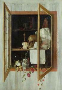 Vanitas still life seen through a trompe loeil window by Cornelis Norbertus Gysbrechts