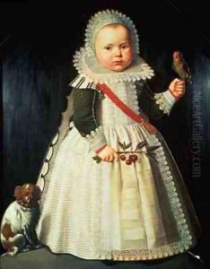 Portrait of a young boy holding a parrot by Wybrand Simonsz. de Geest