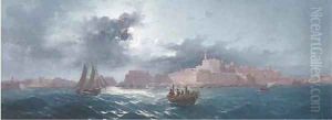 Crowded small craft running out of Grand Harbour, Valetta, by moonlight 2 by Luigi Maria Galea