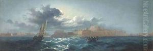 Crowded small craft running out of Grand Harbour, Valetta, by moonlight by Luigi Maria Galea